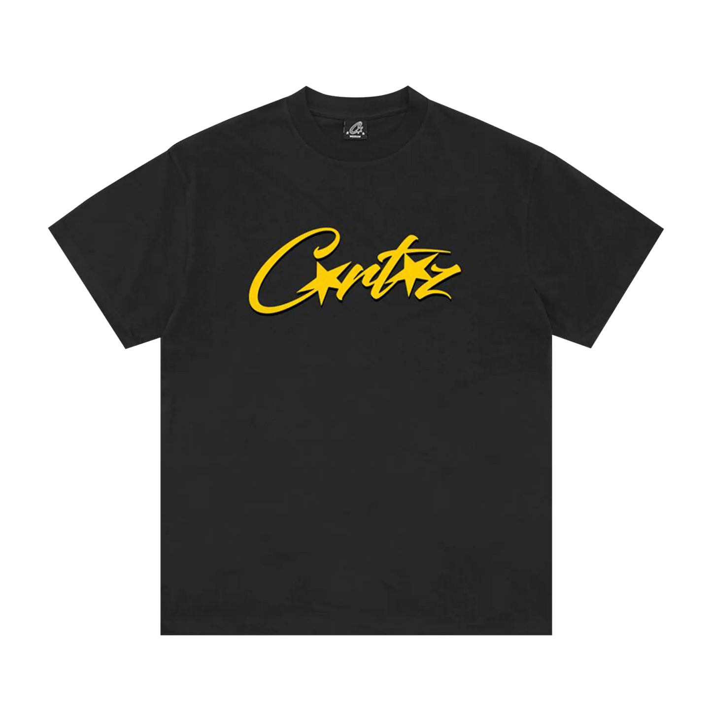 Corteiz OG Allstarz Tee čierne so žltým Corteiz script logom, pohľad spredu