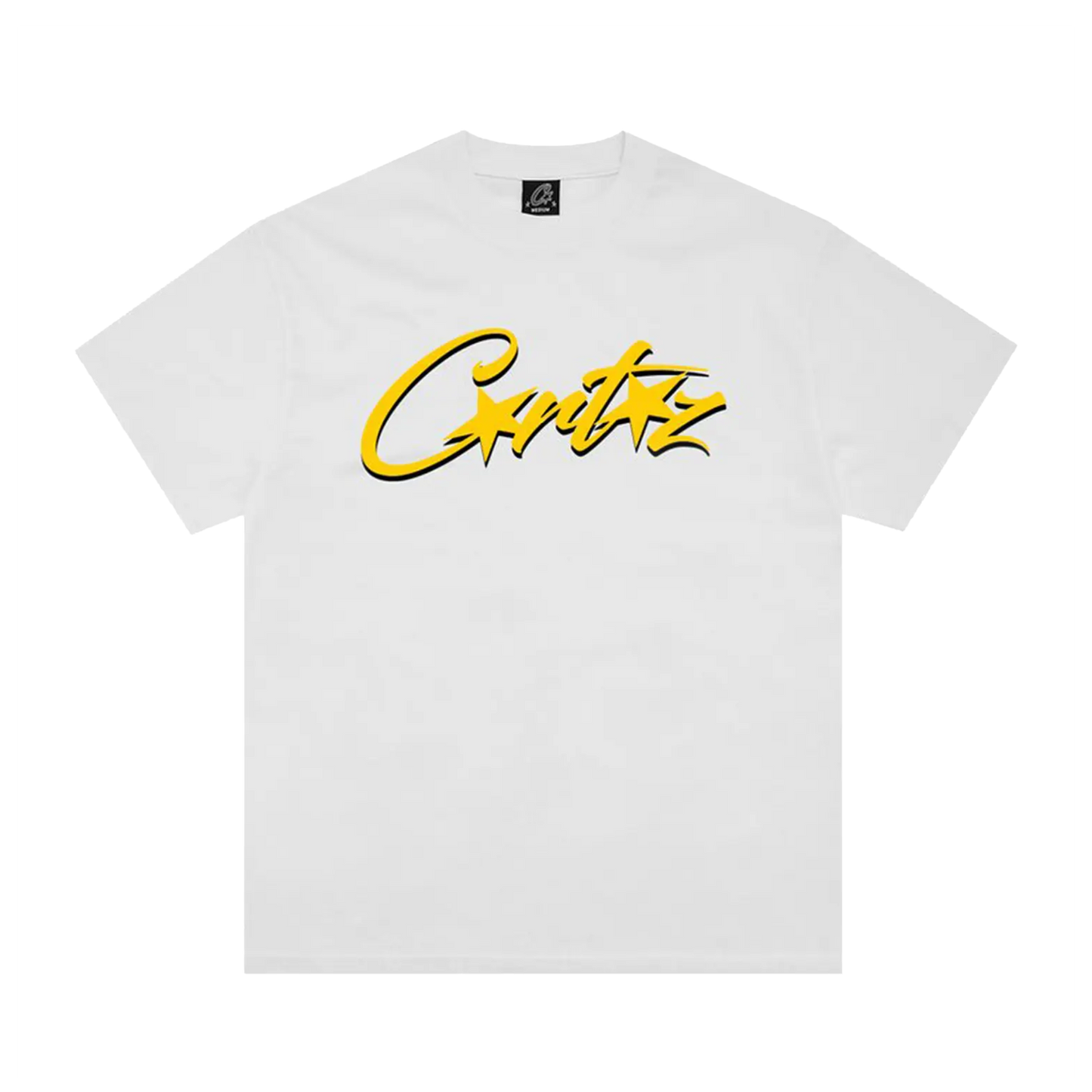 Corteiz OG Allstarz Tee biele so žltým Corteiz script logom, pohľad spredu
