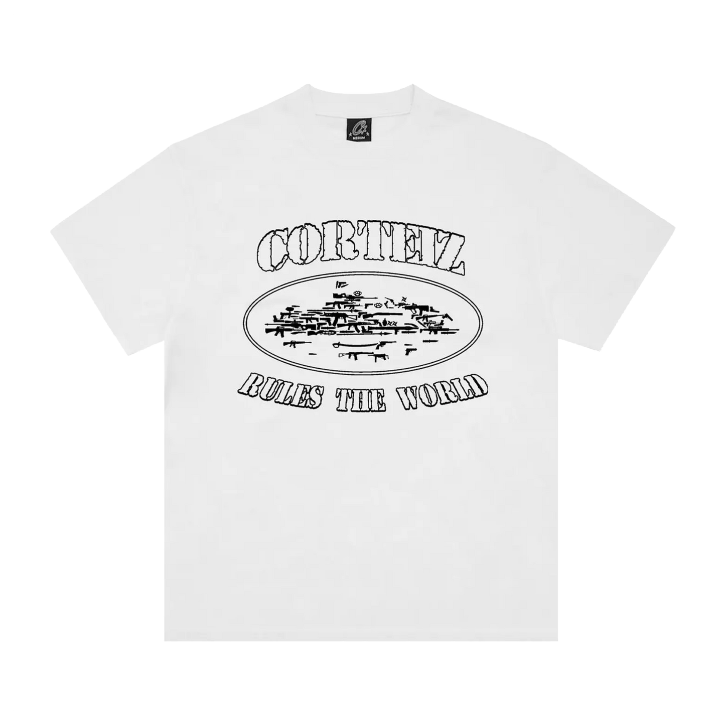 Corteiz OG Artillery Tee biele s Alcatraz island graphic a Rules the World slogan, pohľad spredu