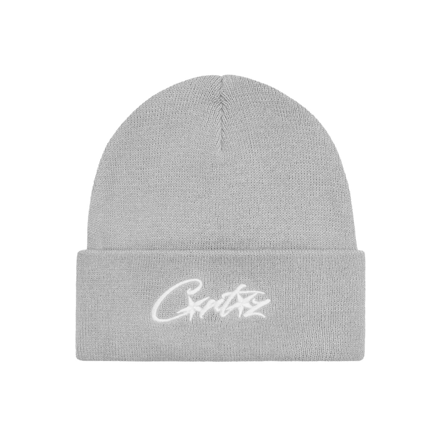 Corteiz Logo Beanie svetlo sivá s vyšívaným bielym logom, pohľad spredu