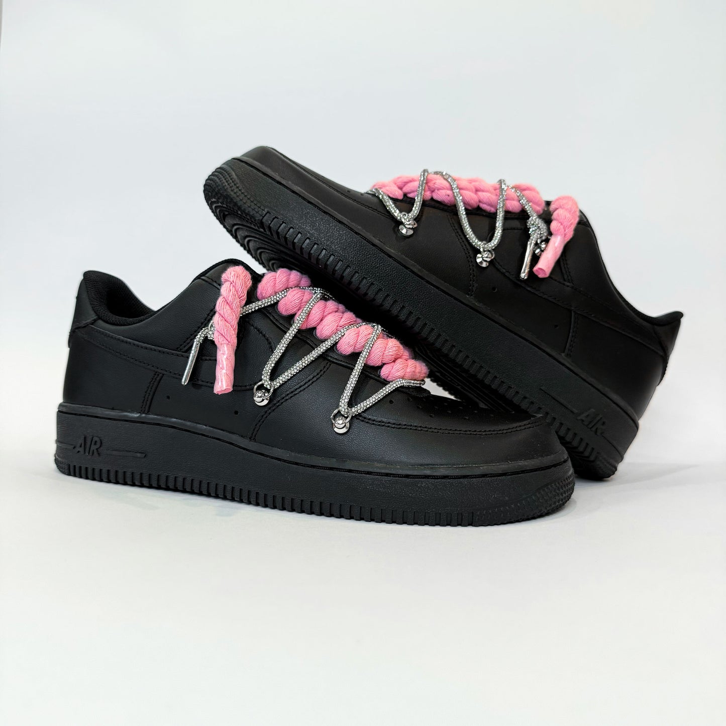 Nike Air Force 1 Low Black Double Pink Rope Laces White Silver