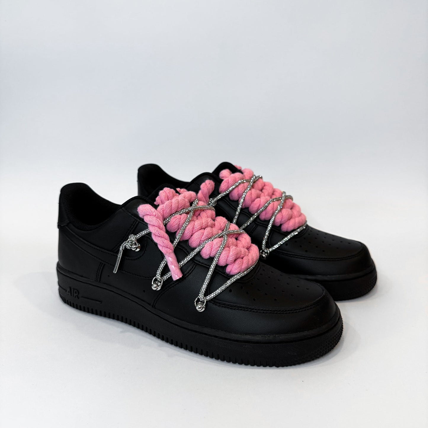 Nike Air Force 1 Low Black Double Pink Rope Laces White Silver