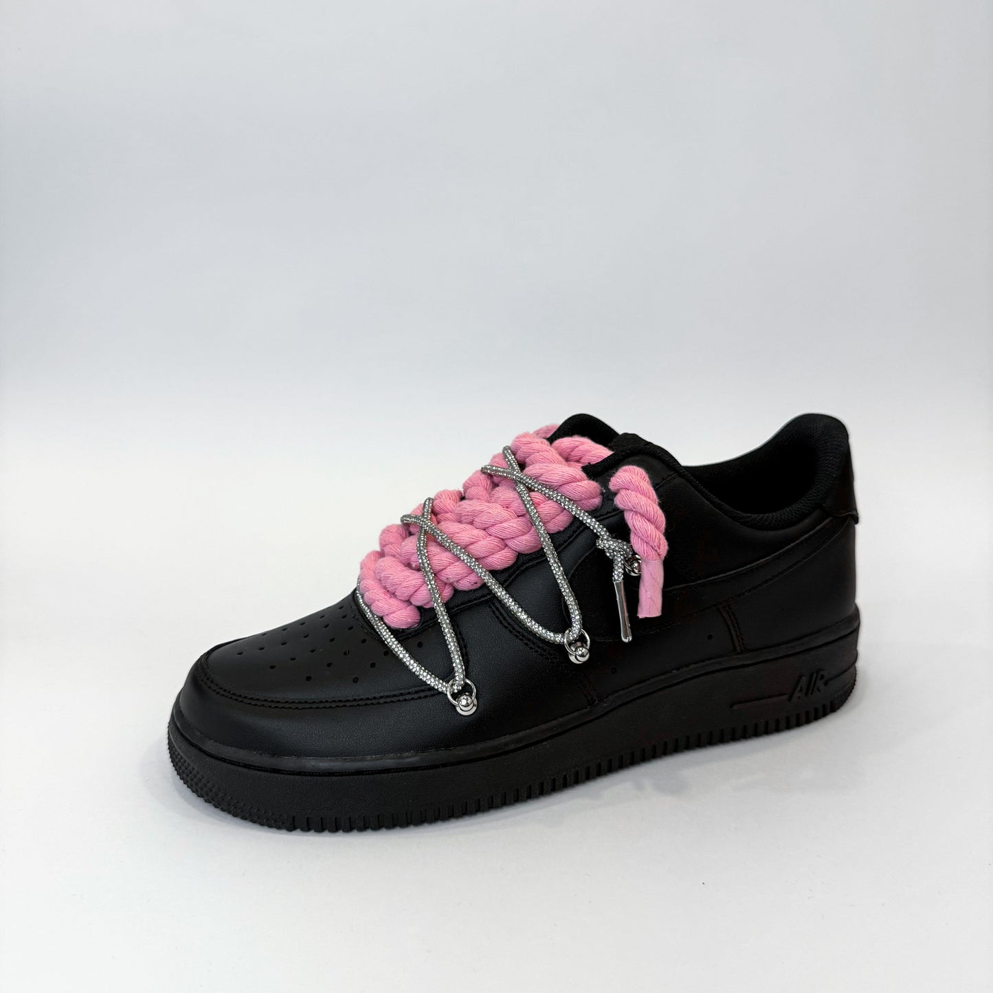 Nike Air Force 1 Low Black Double Pink Rope Laces White Silver