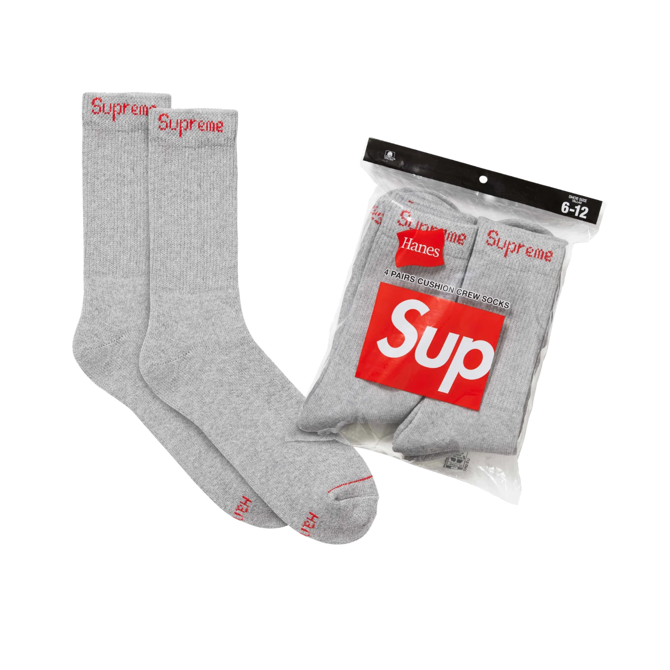 Supreme Hanes Crew Ponožky sivé s červeným box logom a Supreme packaging