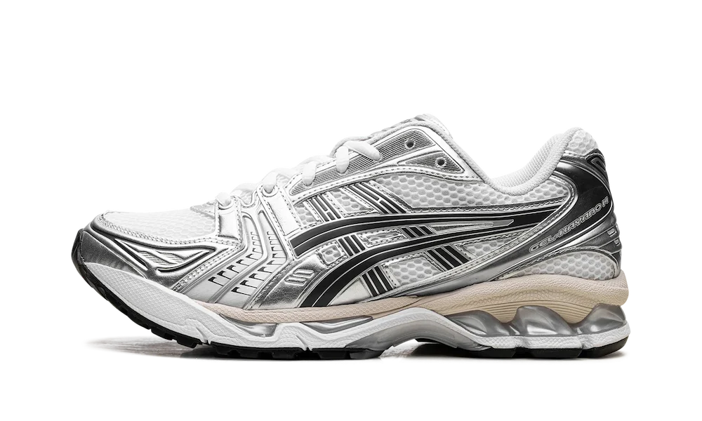 ASICS Gel-Kayano 14 White Graphite Grey biele tenisky so striebornými prekrytiami, pohľad z boku