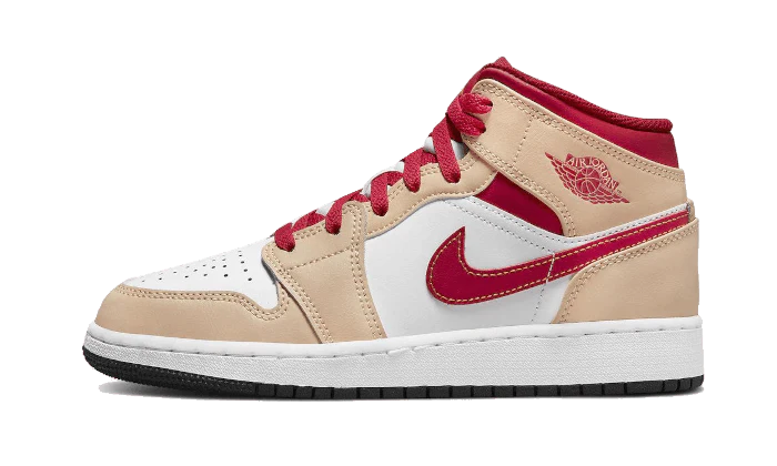 Tenisky Air Jordan 1 Mid bežovo-červeno-biele, pohľad z boku