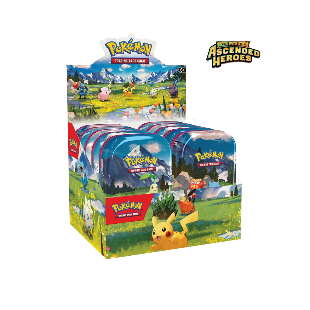 Pokémon Mega Evolution Ascended Heroes Mini Tin Display box rozbalený s 10 mini tins