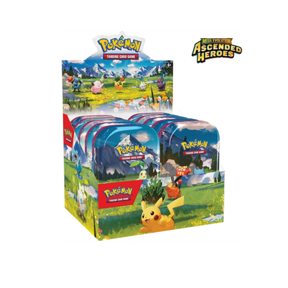 Pokémon Mega Evolution Ascended Heroes Mini Tin Display box rozbalený s 10 mini tins