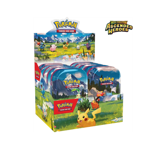 Pokémon Mega Evolution Ascended Heroes Mini Tin Display box rozbalený s 10 mini tins