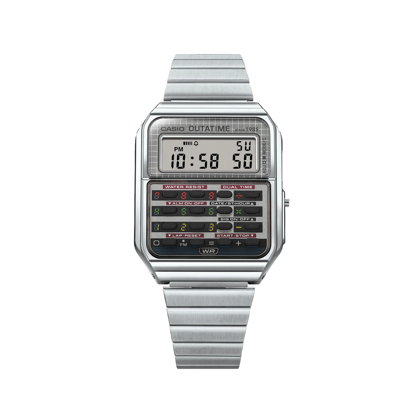 Casio Back to the Future CA-53WF-8BEF strieborné vintage hodinky s kalkulačkou, pohľad spredu