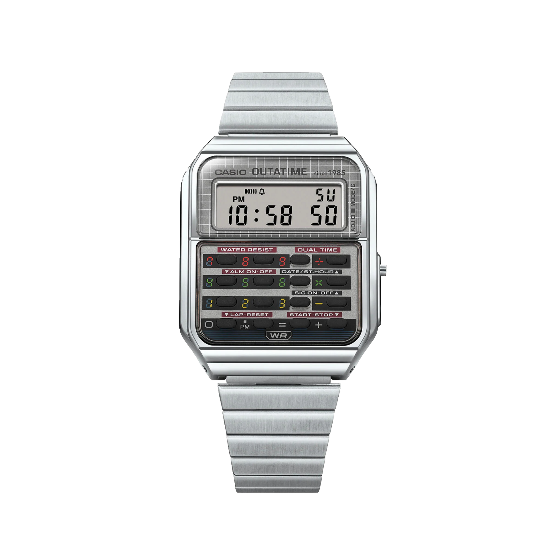 Casio Back to the Future CA-53WF-8BEF strieborné vintage hodinky s kalkulačkou, pohľad spredu
