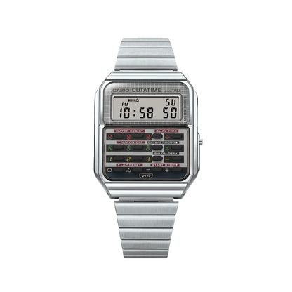 Casio Back to the Future CA-53WF-8BEF strieborné vintage hodinky s kalkulačkou, pohľad spredu