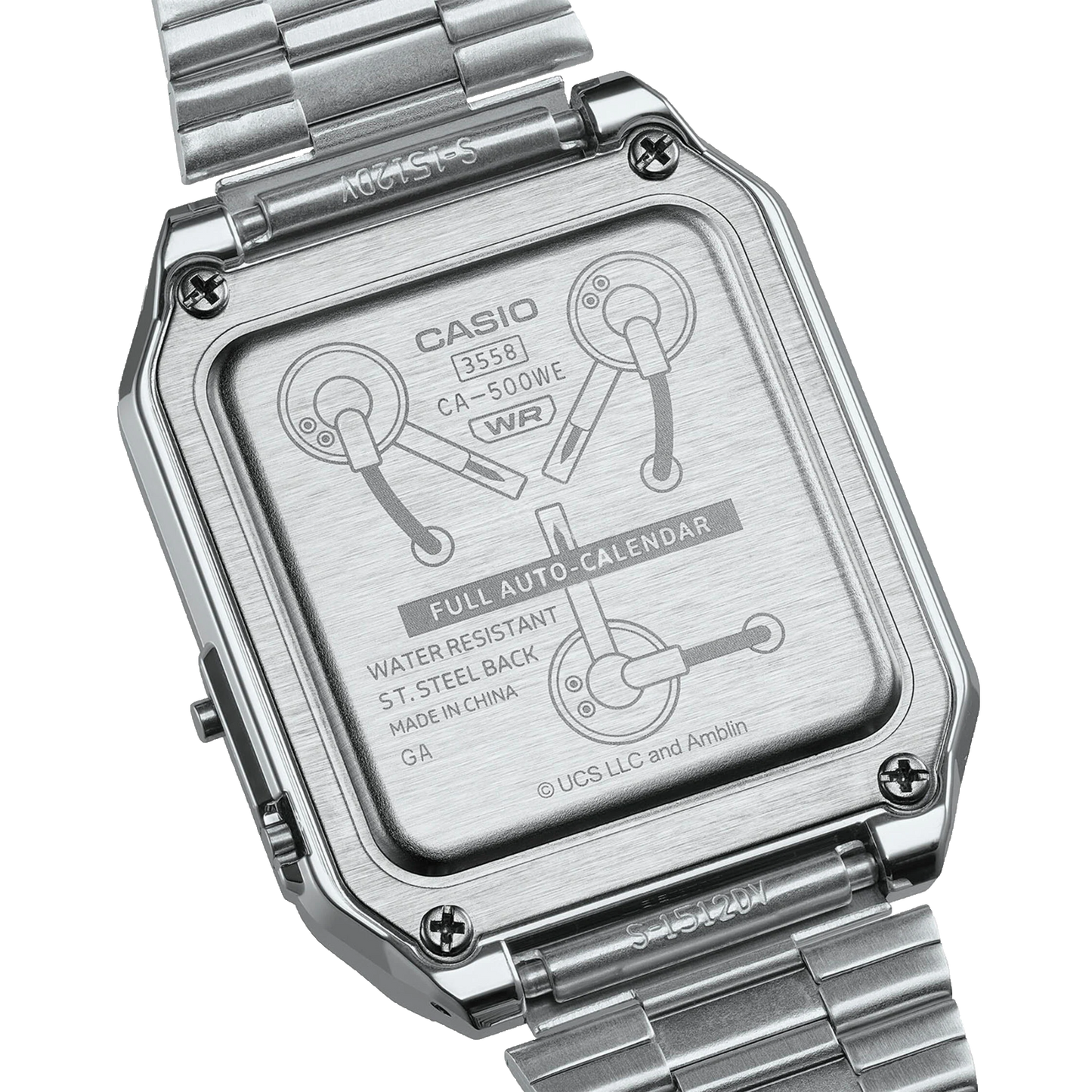 Casio Back to the Future CA-53WF-8BEF strieborné hodinky, pohľad z boku na náramok
