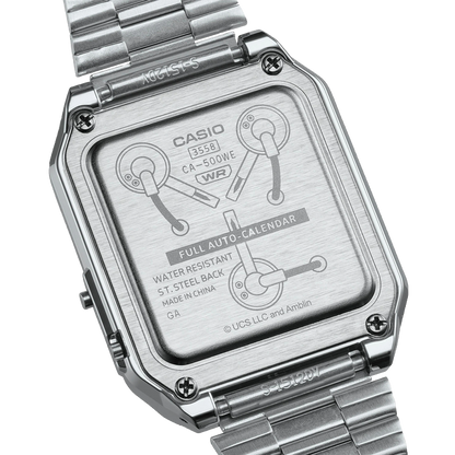 Casio Back to the Future CA-53WF-8BEF strieborné hodinky, pohľad z boku na náramok