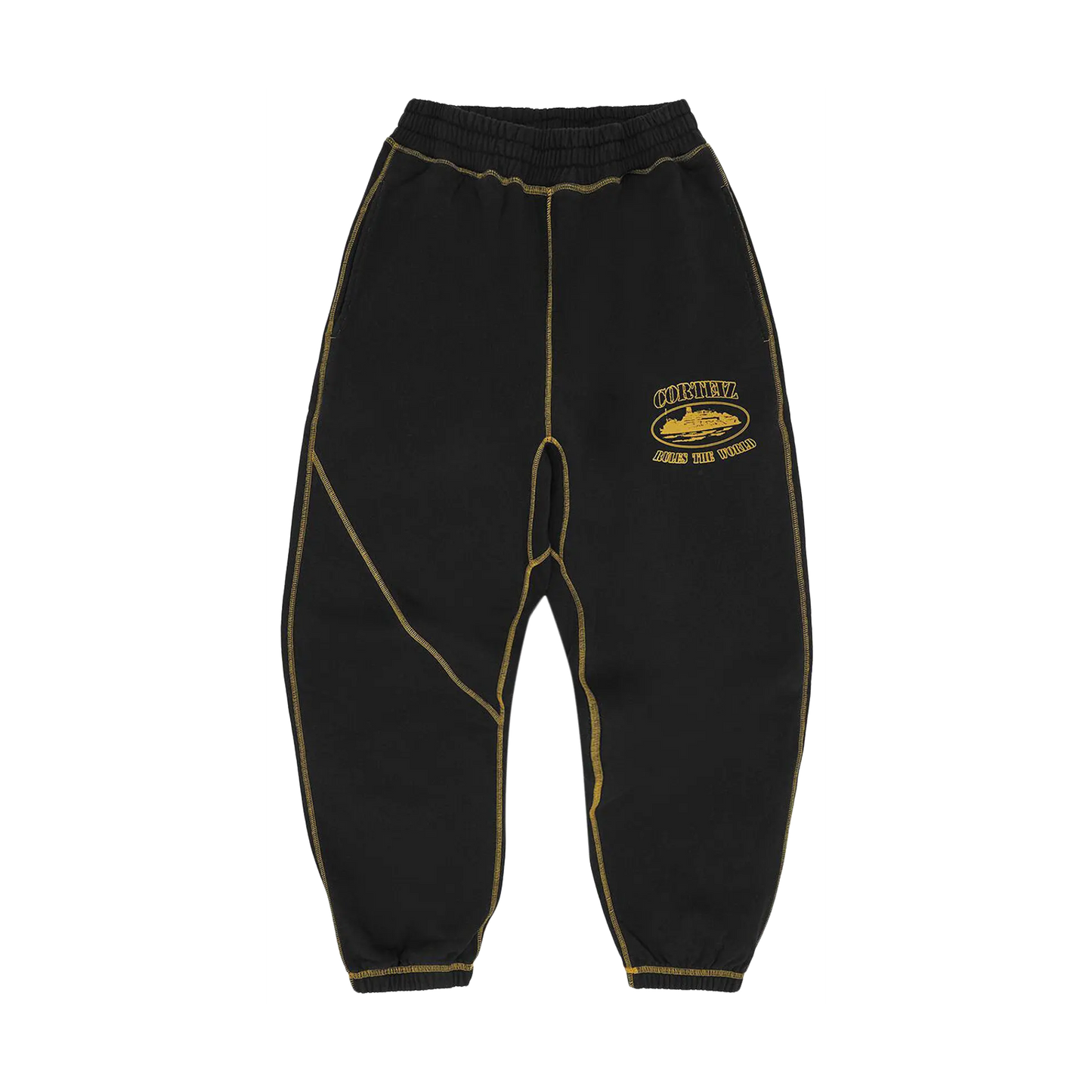 Corteiz Alcatraz Contrast Sweatpant čierne so žltým contrast stitching, pohľad spredu