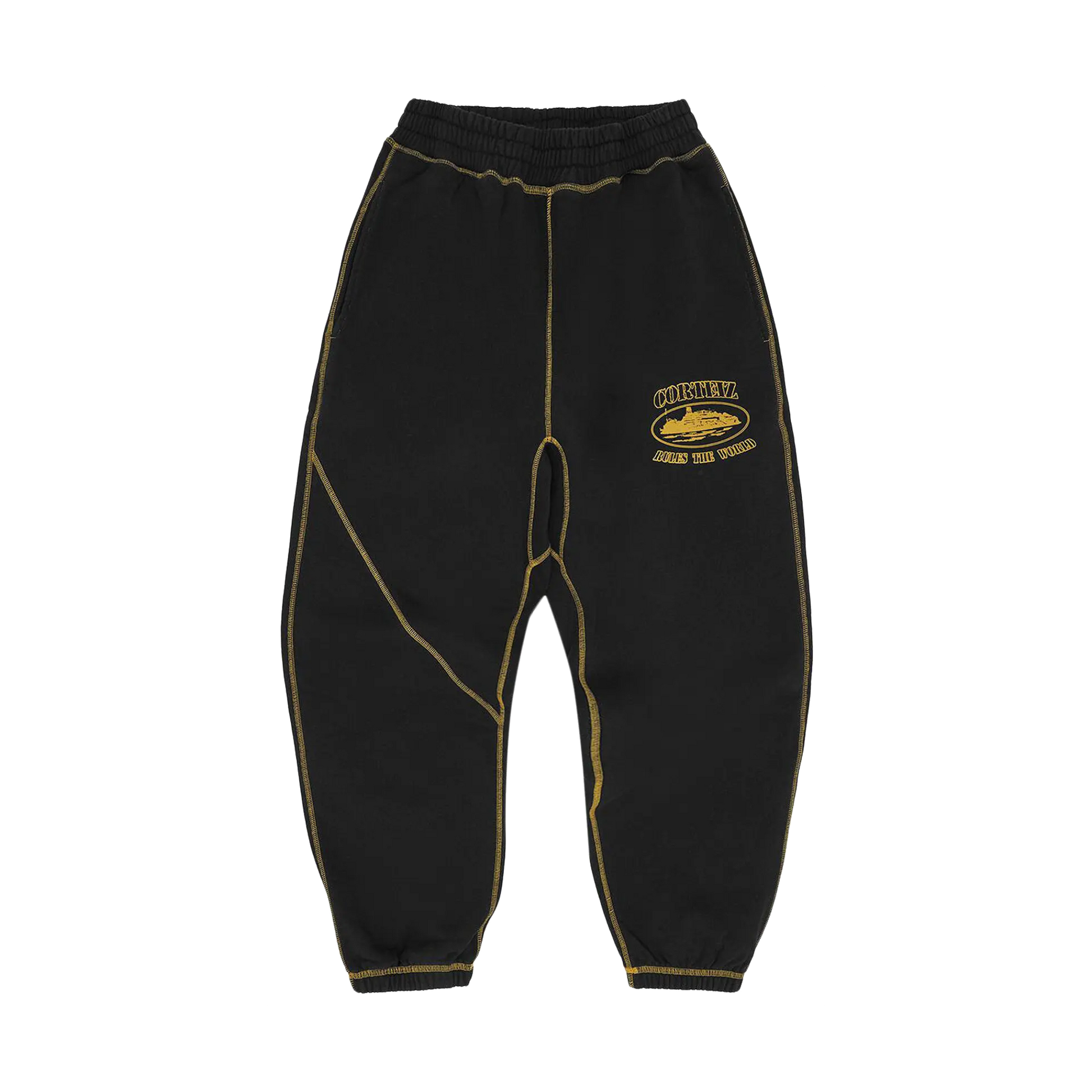 Corteiz Alcatraz Contrast Sweatpant čierne so žltým contrast stitching, pohľad spredu