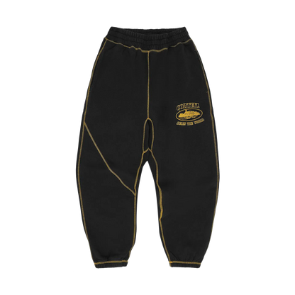 Corteiz Alcatraz Contrast Sweatpant čierne so žltým contrast stitching, pohľad spredu