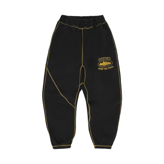 Corteiz Alcatraz Contrast Sweatpant čierne so žltým contrast stitching, pohľad spredu