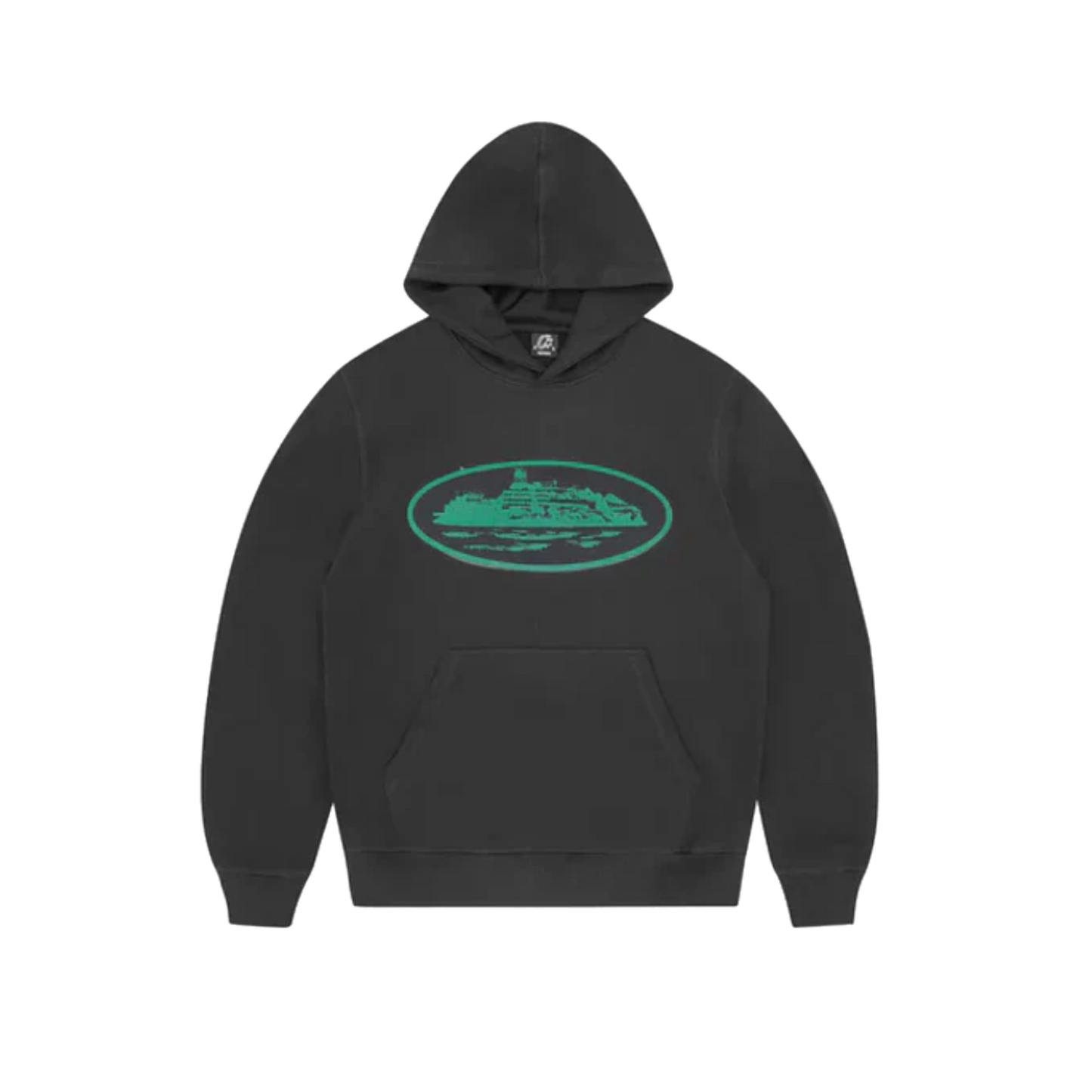 Corteiz Alcatraz Hoodie čierna so zeleným embroidered Alcatraz logom, pohľad spredu