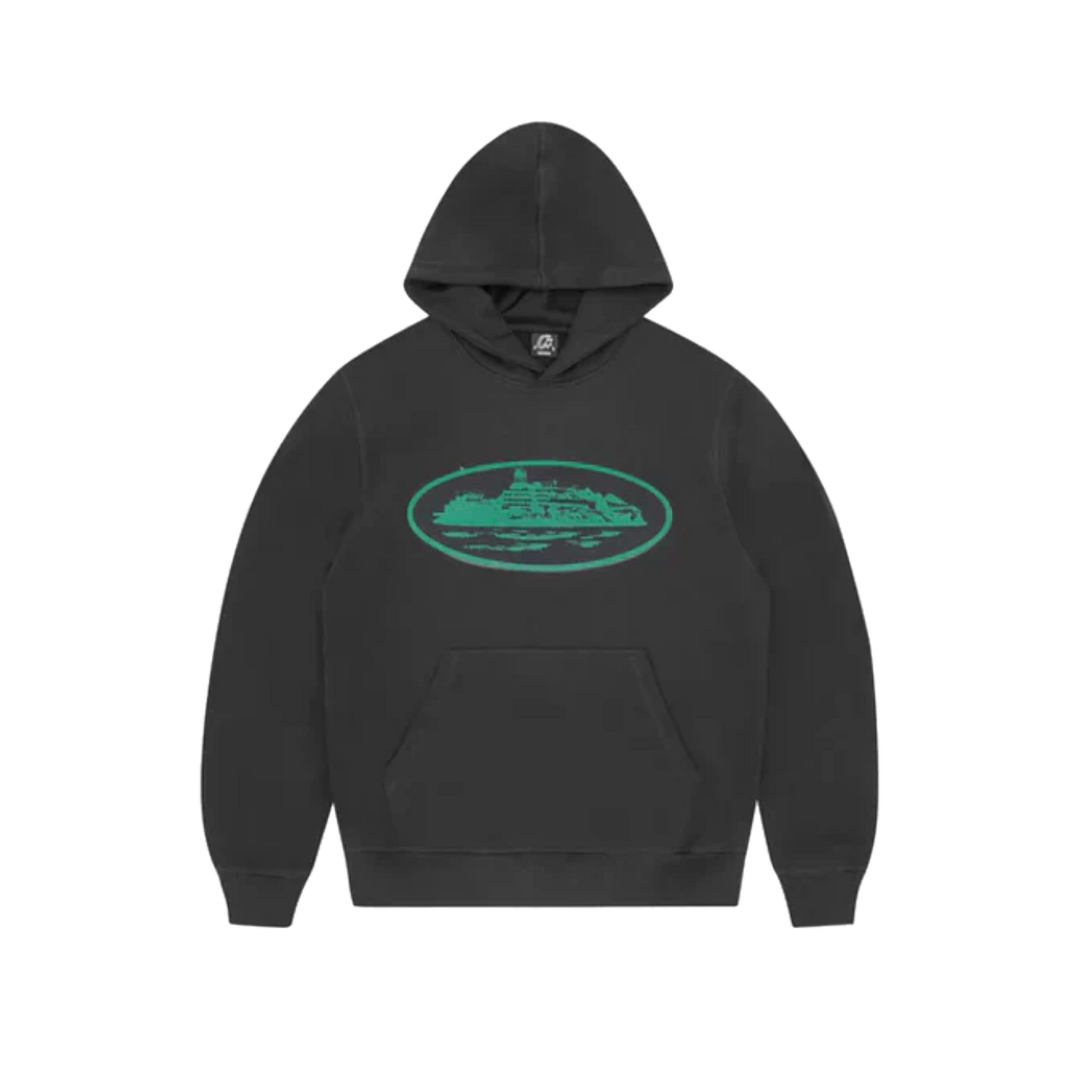 Corteiz Alcatraz Hoodie čierna so zeleným embroidered Alcatraz logom, pohľad spredu