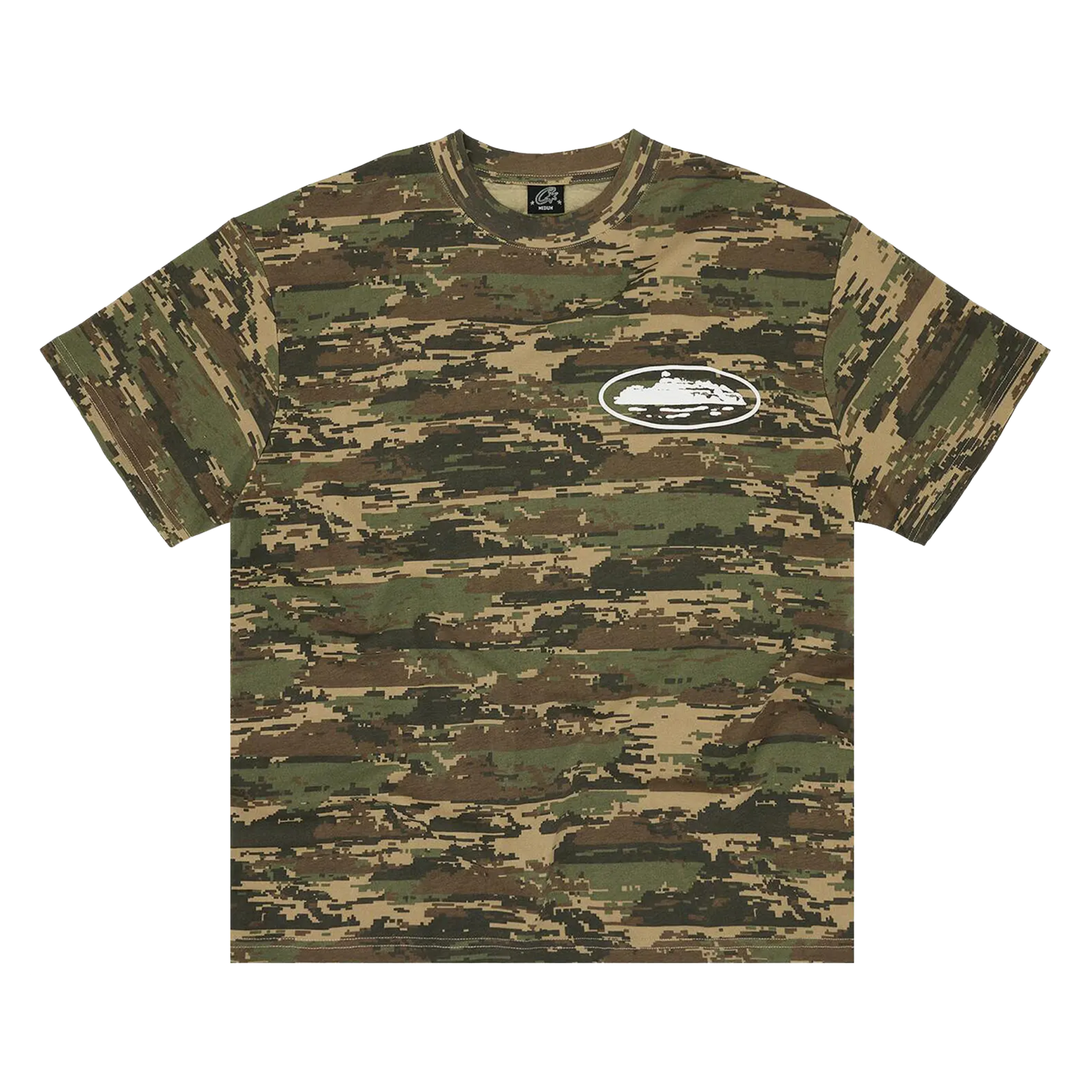 Corteiz Island Puff Print Tee digi camo s puff print logom na hrudi, pohľad spredu