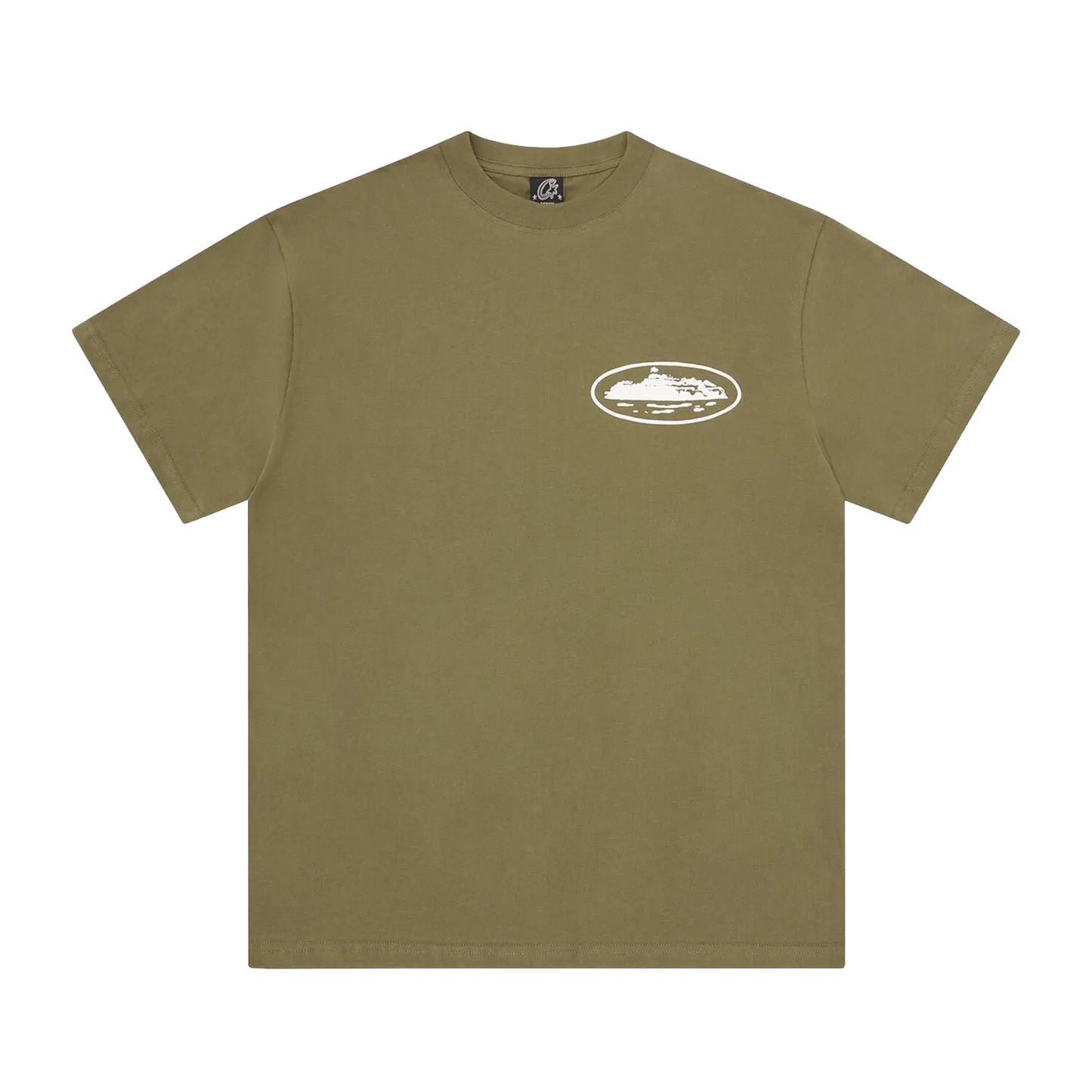 Corteiz Island Puff Print Tee olivové s puff print logom na hrudi, pohľad spredu