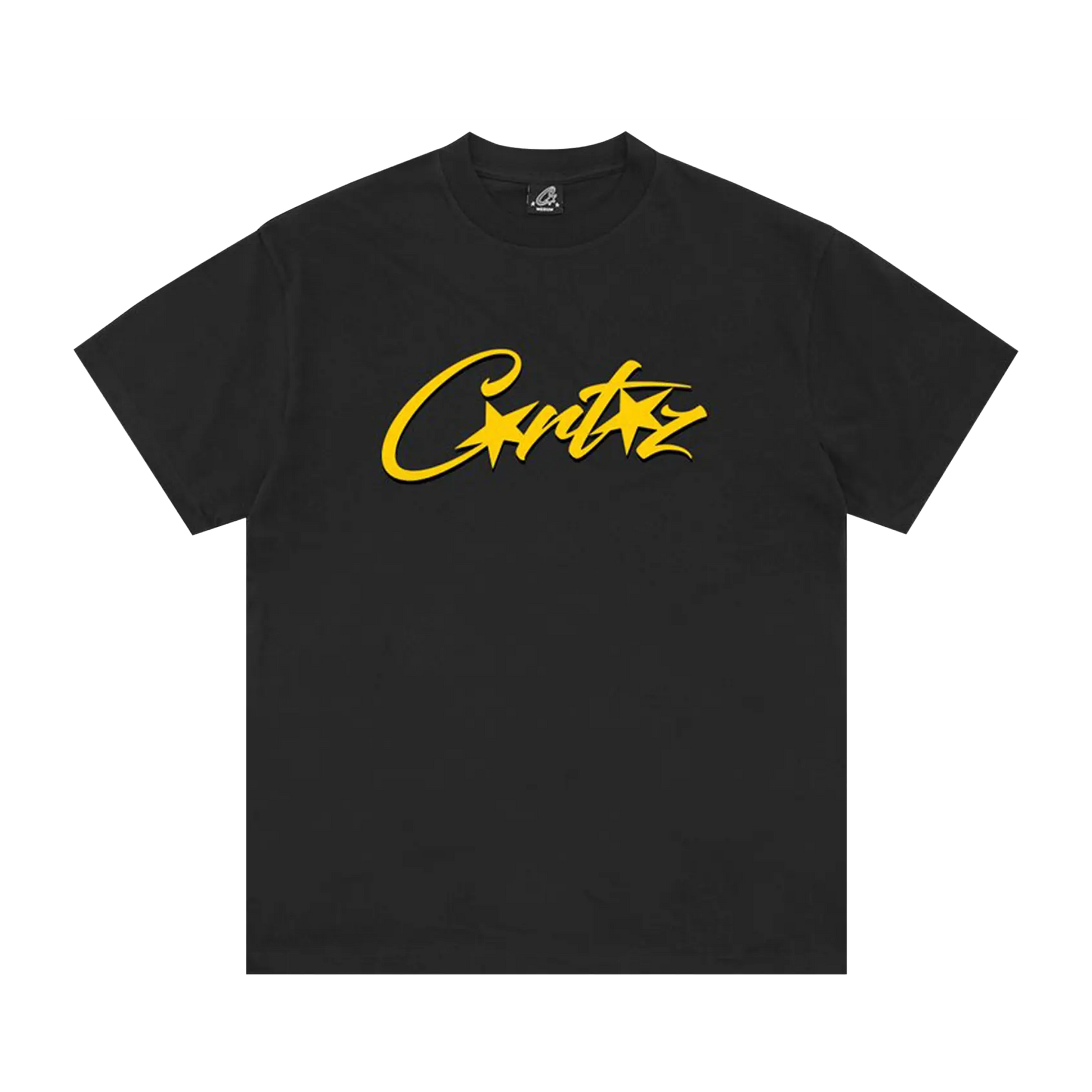 Corteiz OG Allstarz Tee čierne so žltým Corteiz script logom, pohľad spredu