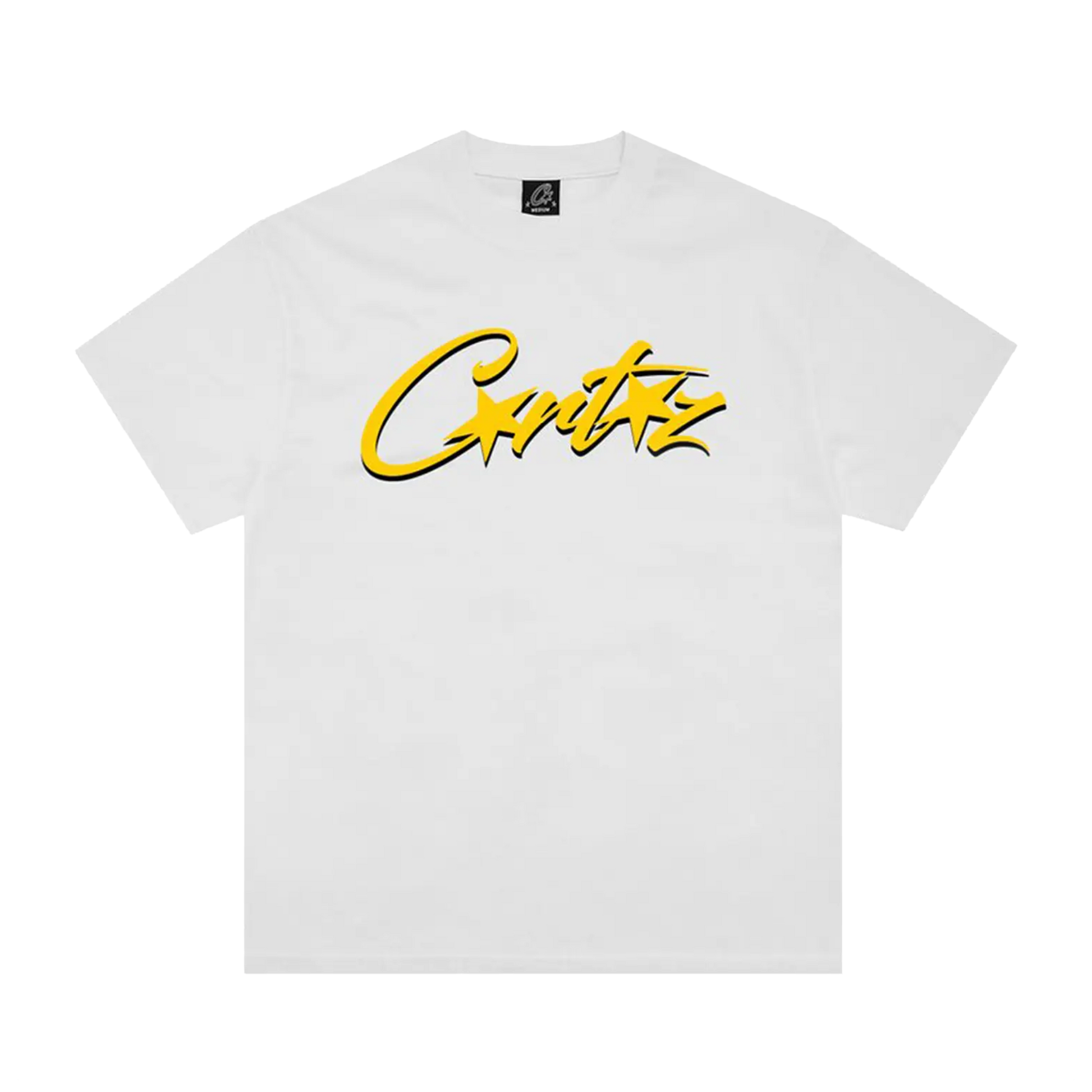 Corteiz OG Allstarz Tee biele so žltým Corteiz script logom, pohľad spredu
