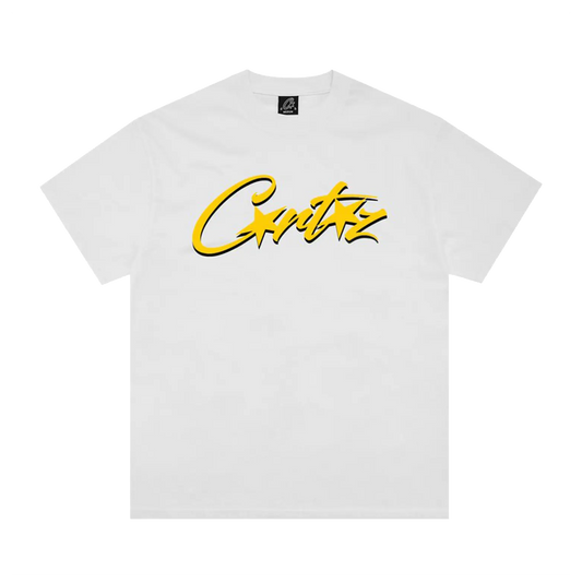 Corteiz OG Allstarz Tee biele so žltým Corteiz script logom, pohľad spredu