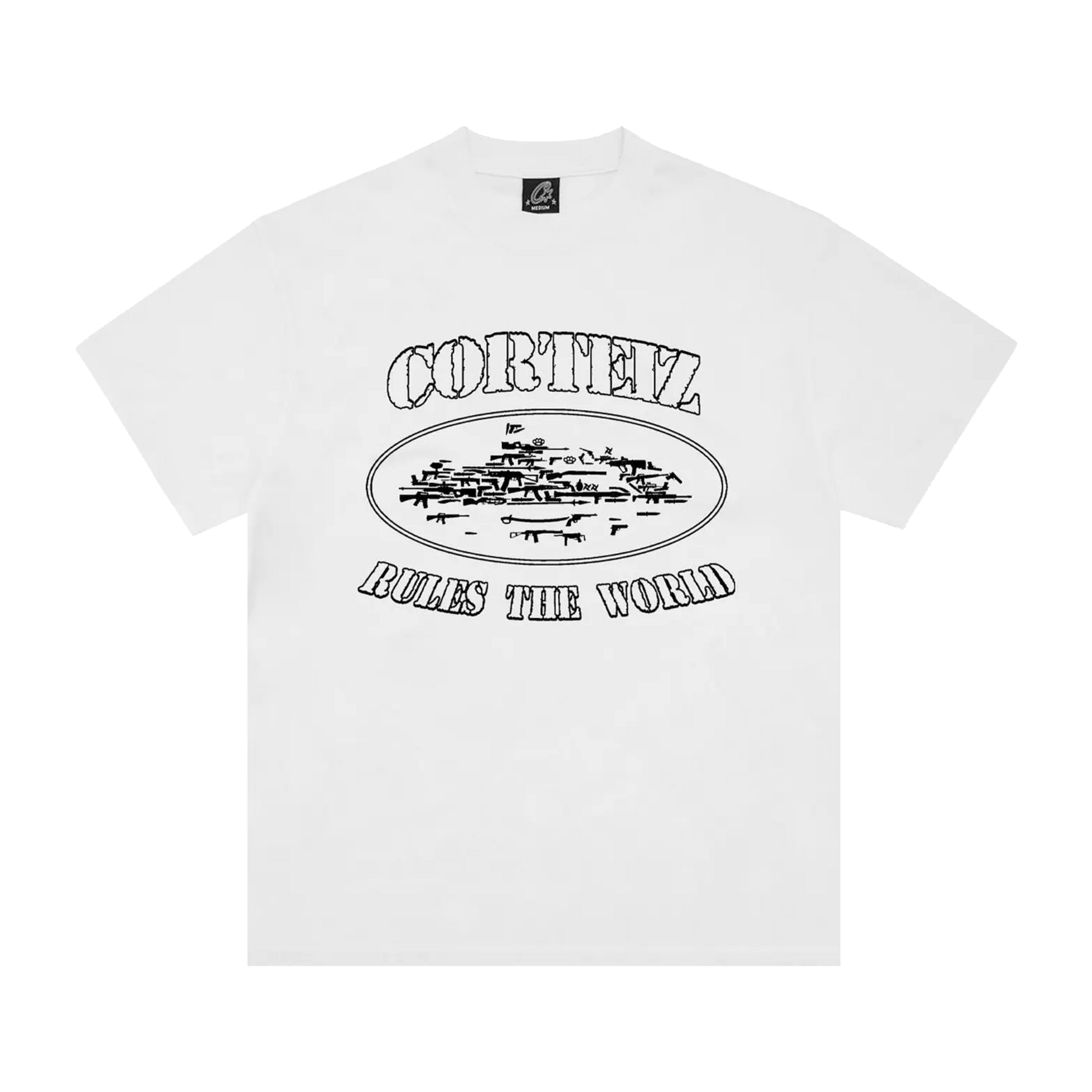 Corteiz OG Artillery Tee biele s Alcatraz island graphic a Rules the World slogan, pohľad spredu