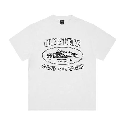 Corteiz OG Artillery Tee biele s Alcatraz island graphic a Rules the World slogan, pohľad spredu