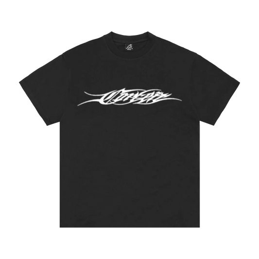 Corteiz Tribal Tee čierne s white tribal script CRTZ logom, pohľad spredu