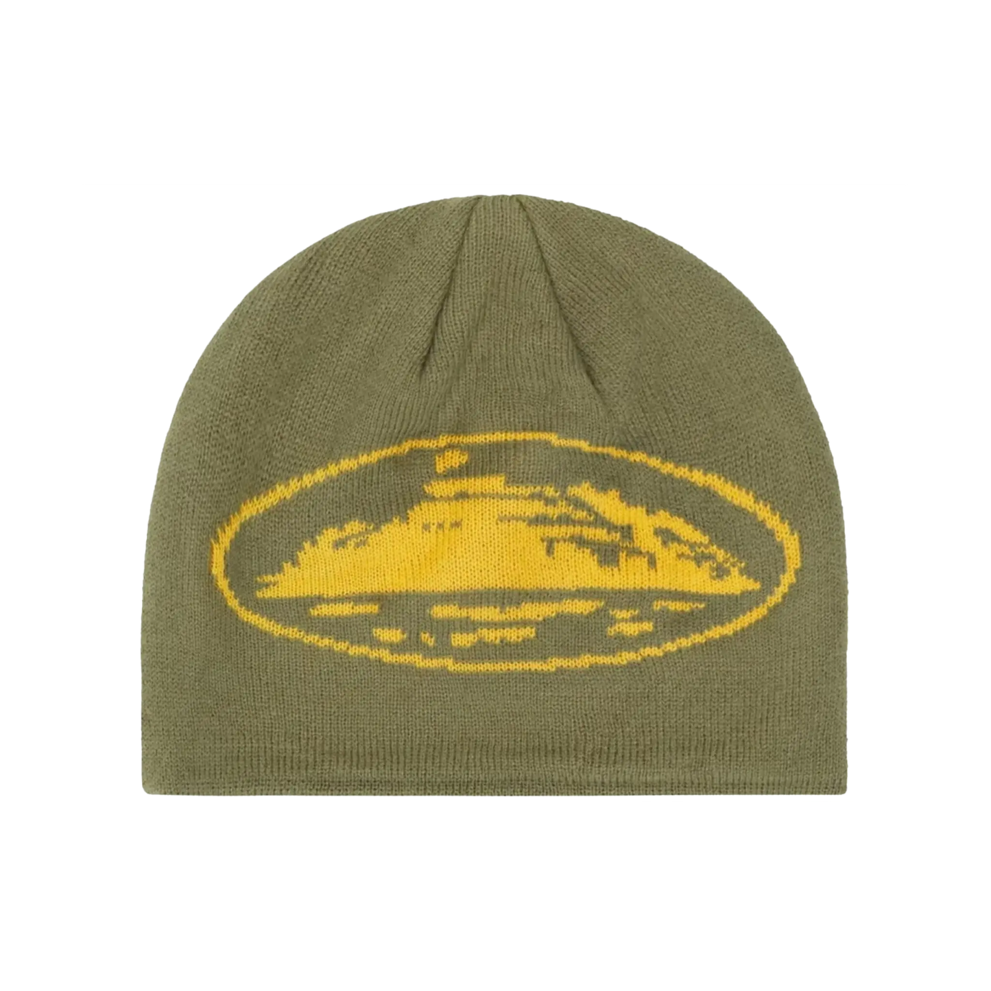 Corteiz Beanie forest green so žltým oval logom, fitted dizajn s military vibe