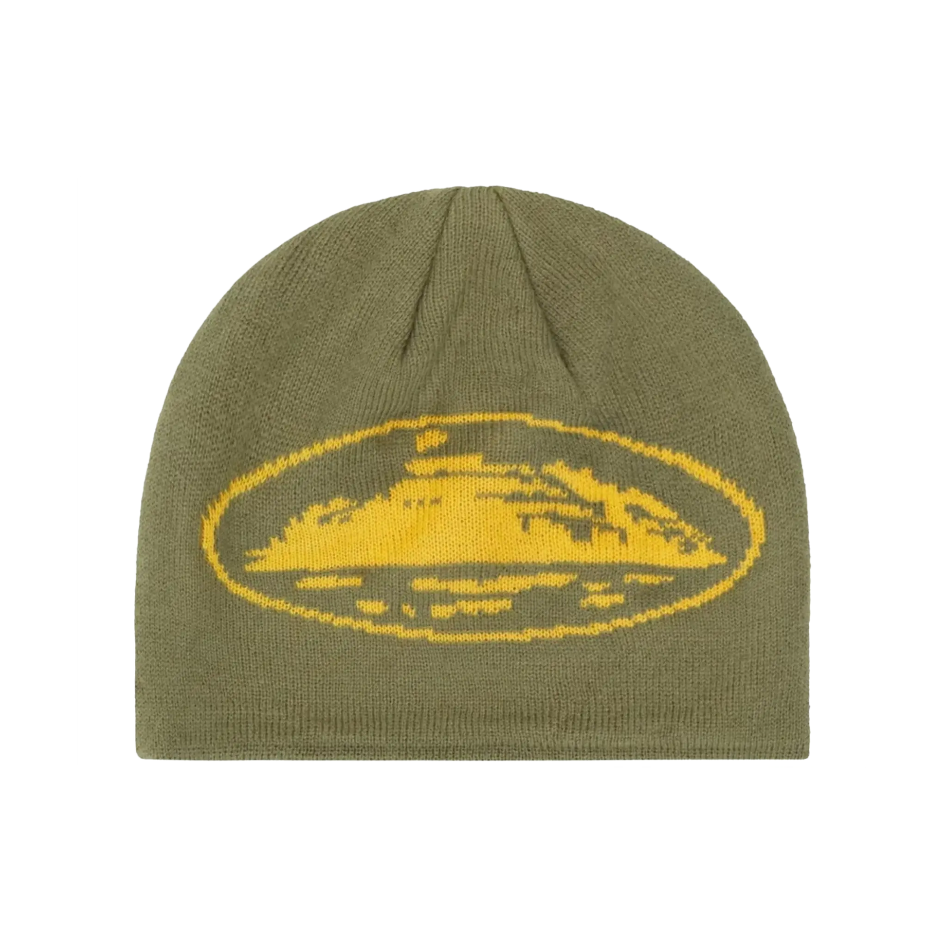 Corteiz Beanie forest green so žltým oval logom, fitted dizajn s military vibe