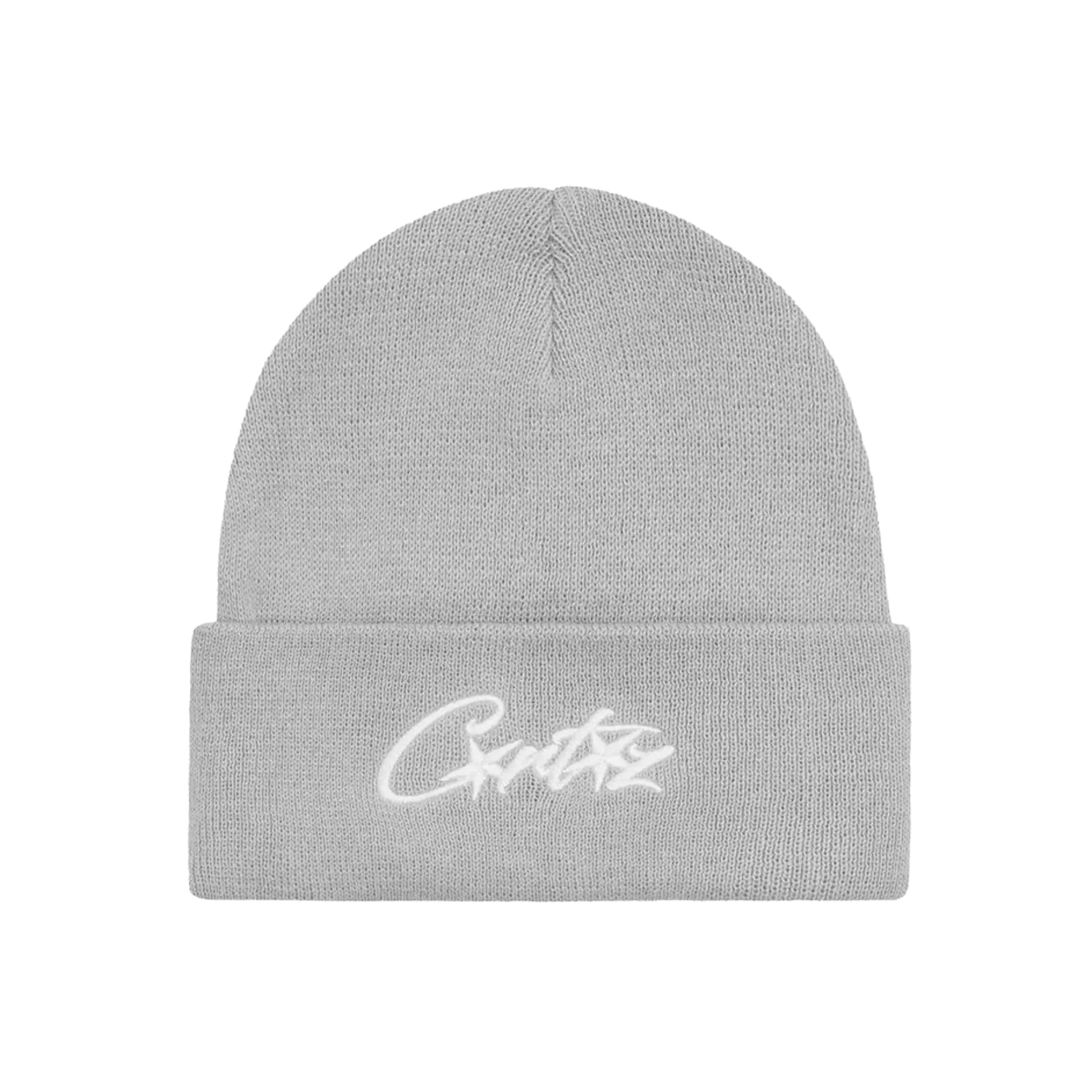 Corteiz Logo Beanie svetlo sivá s vyšívaným bielym logom, pohľad spredu