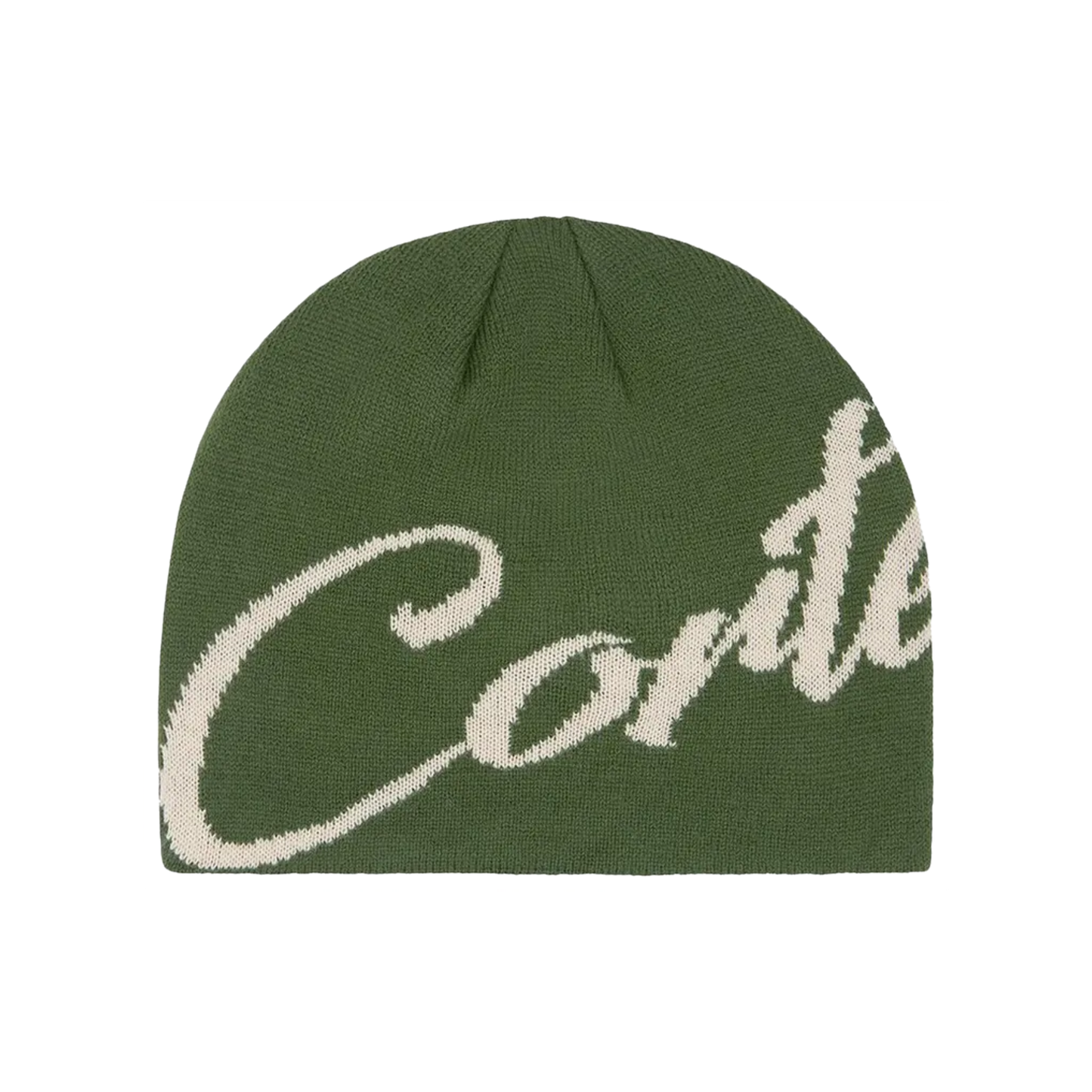 Corteiz OG Strike Skully forest green s oversized cream script logom, fitted dizajn