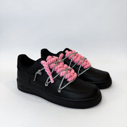 Nike Air Force 1 Low Black Double Pink Rope Laces White Silver