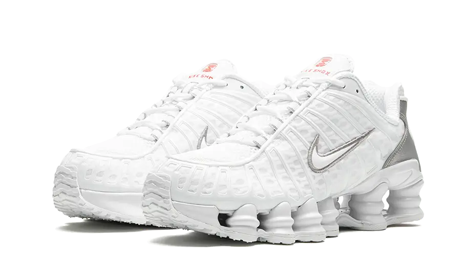 Nike Shox TL White Metallic Silver Max Orange biele, pohľad spredu na clean dizajn