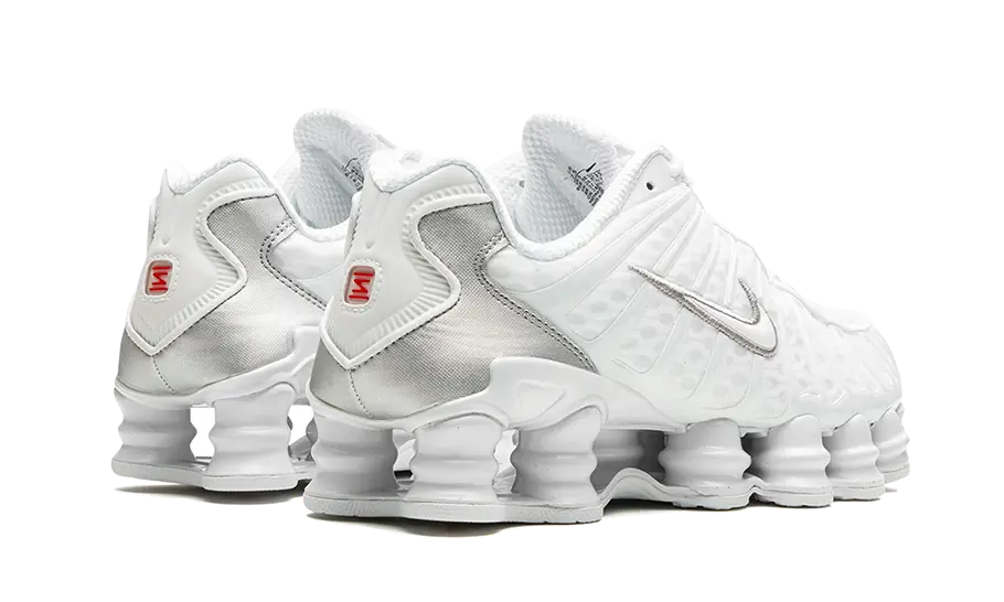 Nike Shox TL White Metallic Silver Max Orange biele, pohľad zozadu na Shox technology