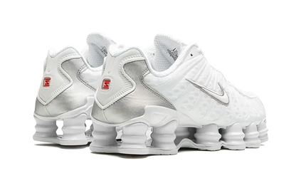 Nike Shox TL White Metallic Silver Max Orange biele, pohľad zozadu na Shox technology