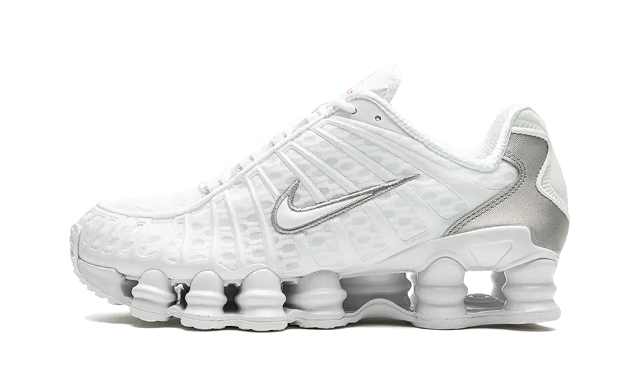 Nike Shox TL White Metallic Silver Max Orange biele s iconic Shox columns, pohľad z boku