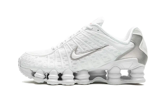 Nike Shox TL White Metallic Silver Max Orange biele s iconic Shox columns, pohľad z boku