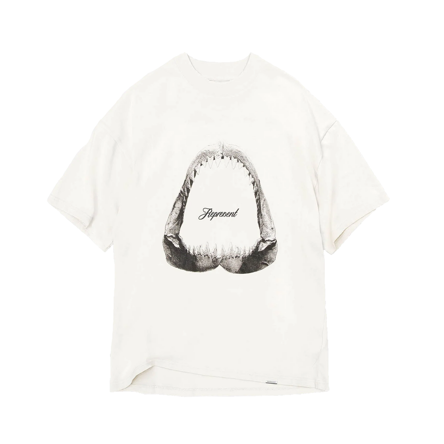 Biele tričko Represent Shark Jaws s výraznou potlačou žraločej čeľuste na prednej strane.