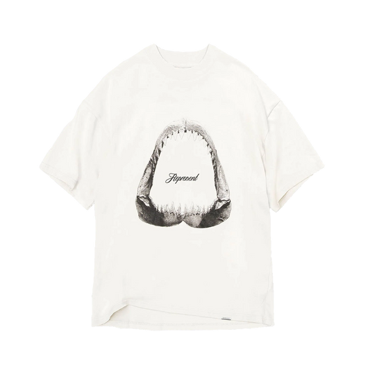 Biele tričko Represent Shark Jaws s výraznou potlačou žraločej čeľuste na prednej strane.