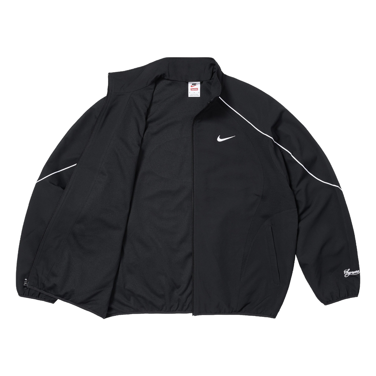 Supreme Nike Track Jacket čierna - detail prednej časti s zipsom a Nike logom