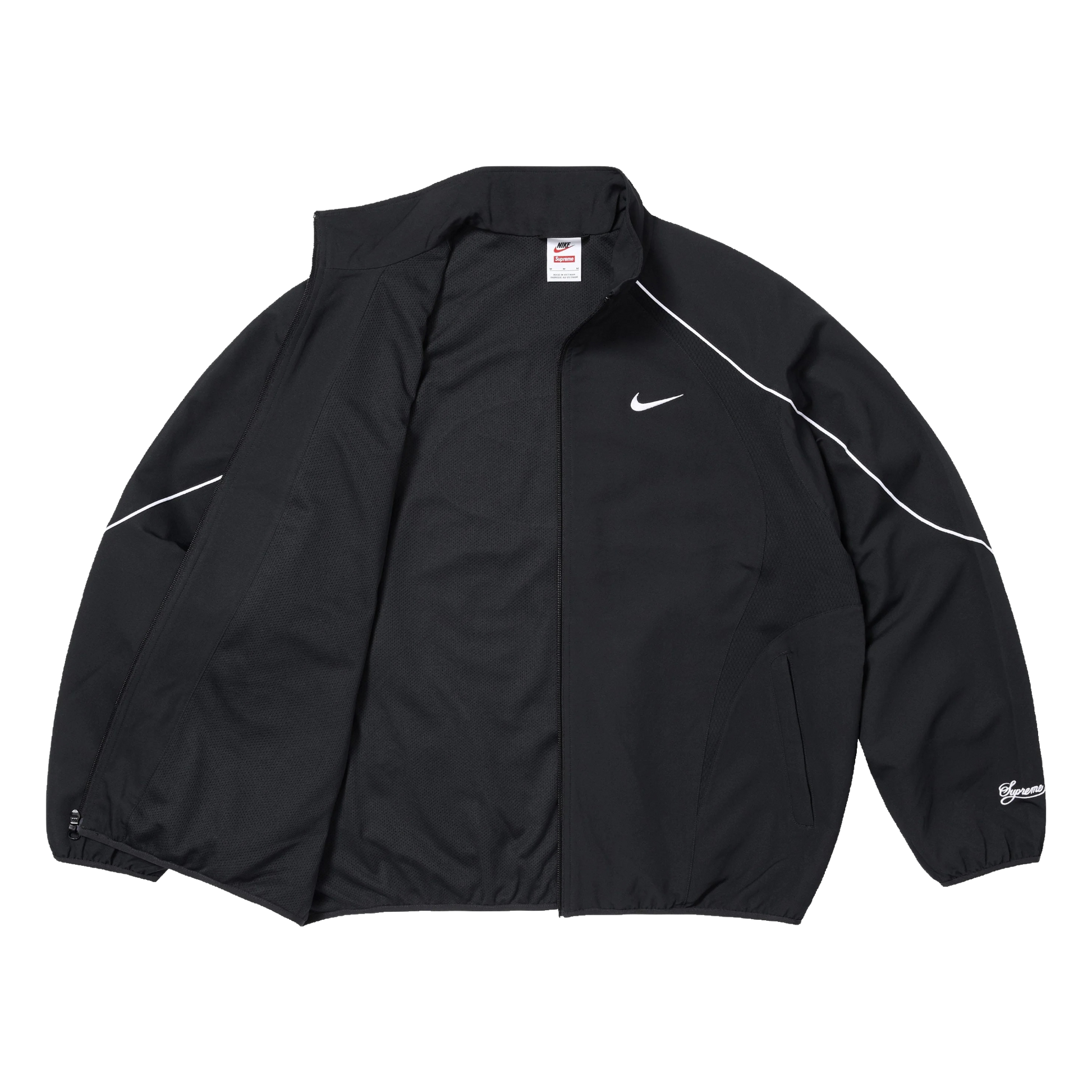 Supreme Nike Track Jacket čierna - detail prednej časti s zipsom a Nike logom