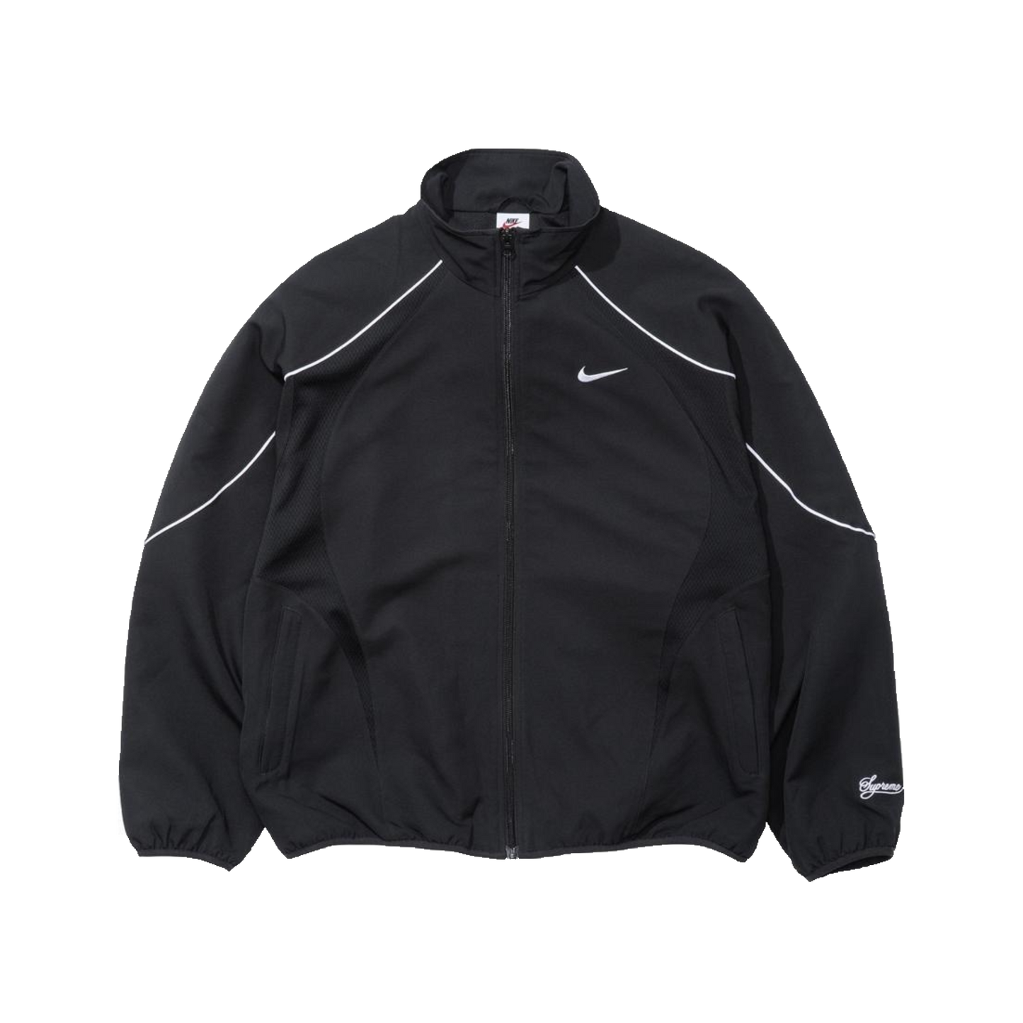 Supreme Nike Track Jacket SS25 Black HF9622-010 - čierna športová bunda s Nike Swoosh logom, predný zips, oversized strih