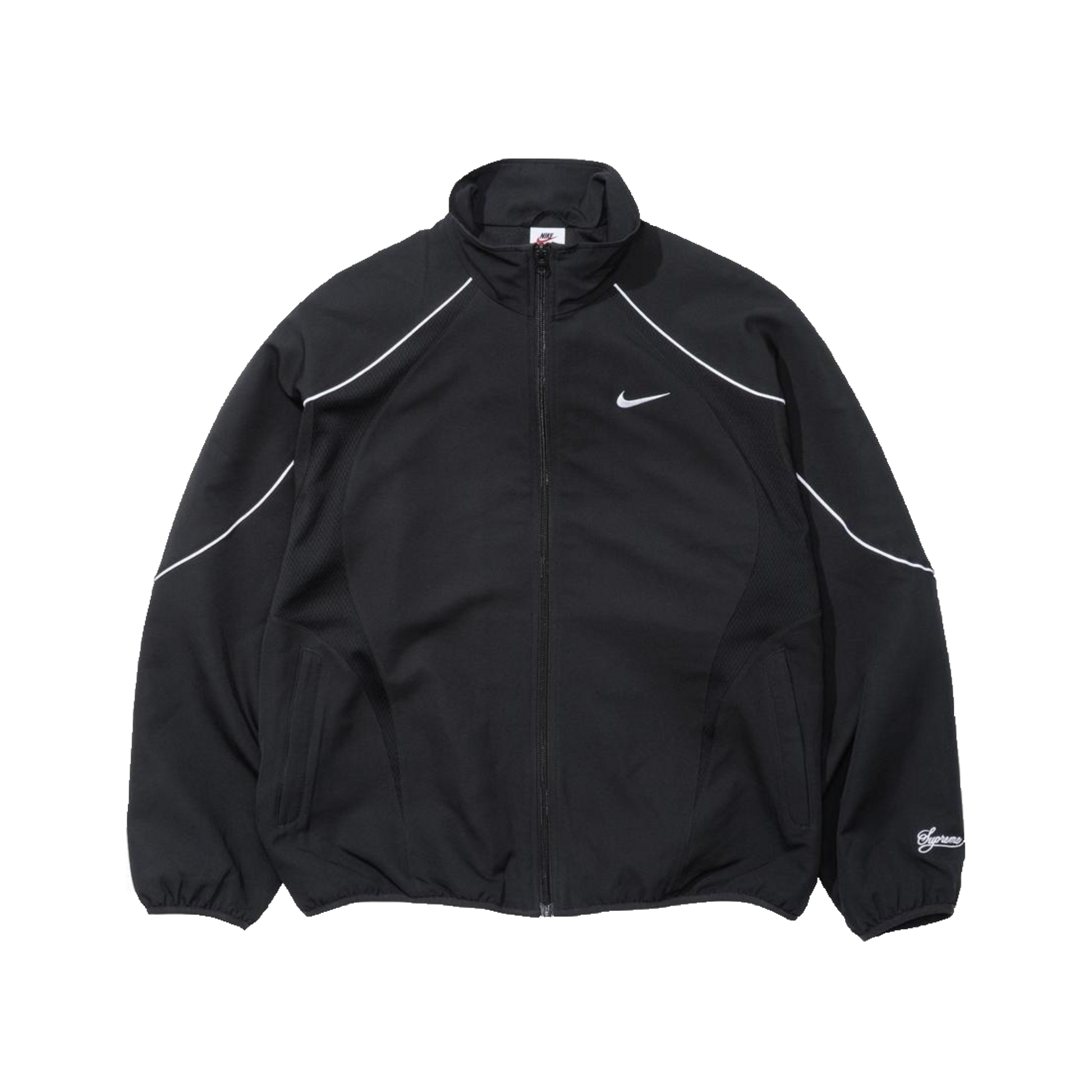 Supreme Nike Track Jacket SS25 Black HF9622-010 - čierna športová bunda s Nike Swoosh logom, predný zips, oversized strih