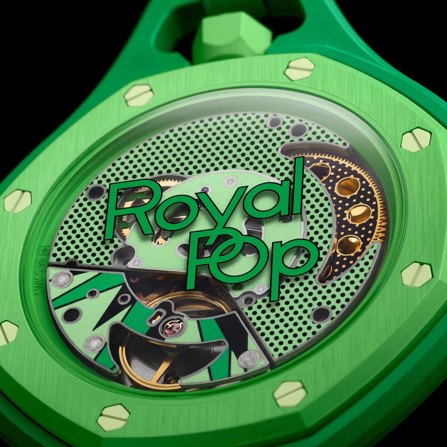 Swatch x Audemars Piguet Royal Pop Green Eight SSX03G100N detail ciferníka mechanizmus
