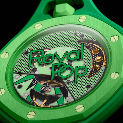 Swatch x Audemars Piguet Royal Pop Green Eight SSX03G100N detail ciferníka mechanizmus